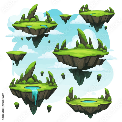 Floating green islands with water pools.