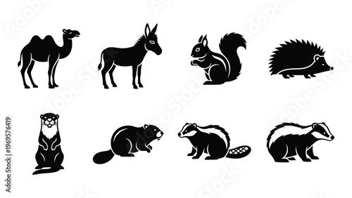 A collection of diverse animal figures including a camel donkey squirrel and hedgehog presented in black silhouette high quality professional detailed