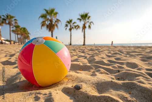 A colorful beach ball resting on the sandy shore with palm trees in the background
