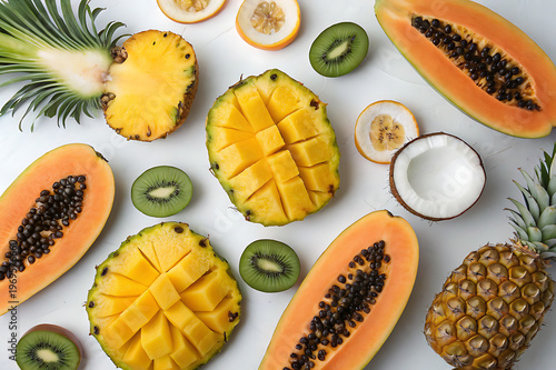 Fresh tropical fruits including pineapple, mango, papaya, kiwi and coconut on white background