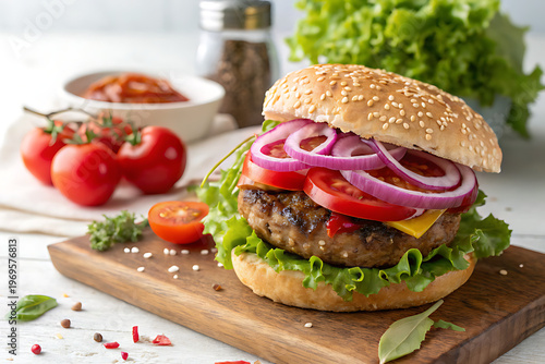 Delicious homemade burger with fresh vegetables, cheese, and grilled meat patty on a wooden board