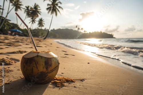 Fresh coconut drink with a straw on a sandy beach at sunset with palm trees in the background
