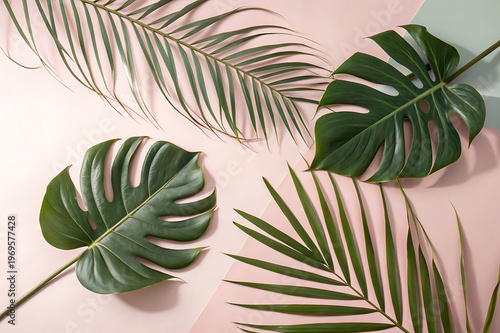 Tropical palm and monstera leaves on a pastel pink background