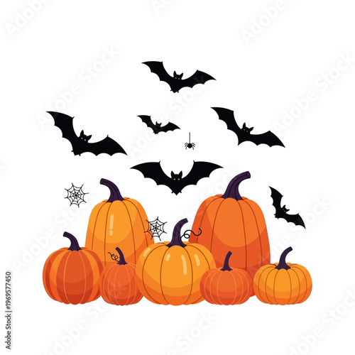 Group of Pumpkins and Bats.