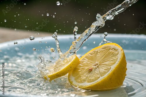 Fresh lemon slices splashing in clear water with water droplets and a stream of water pouring down