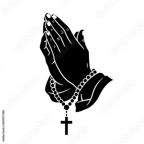 Hands clasped in prayer with rosary.
