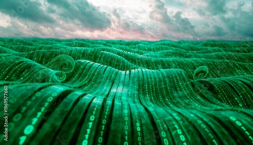 Digital waves flow across the sky with a sunset background and data patterns