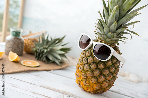 A cool pineapple wearing white sunglasses on a rustic wooden table with tropical fruit slices