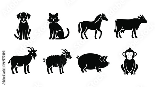 A collection of farm and domestic animals presented as flat black shapes against a white background silhouette high quality professional detailed