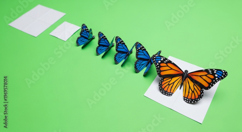 Butterfly life cycle stages on green background with white paper squares