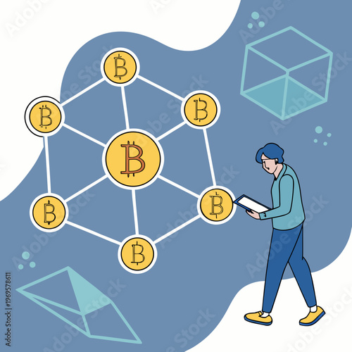 A man interacting with a network of bitcoin symbols