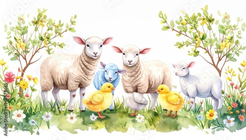 Pastoral sheep and chickens field painting vibrant painting capturing sheep and chickens in green field