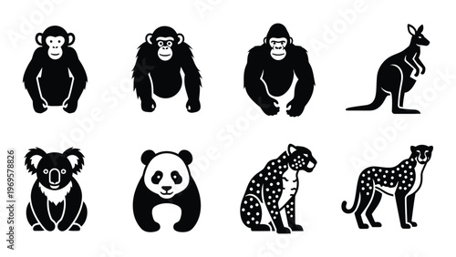 A collection of diverse animal silhouettes including primates marsupials and big cats displayed in a grid formation silhouette high quality professional