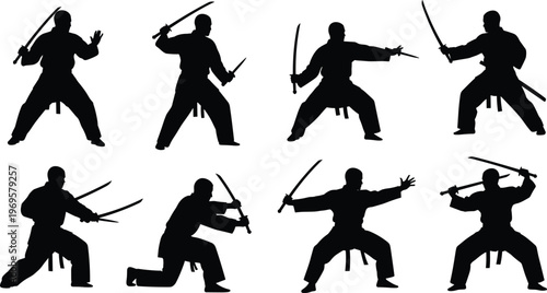 Set of martial arts silhouettes with swords, dynamic fighting stances and traditional combat techniques, action poses, discipline and strength concept isolated on white background