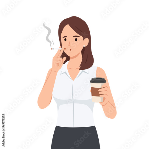 Young woman smoking cigarette and holding takeaway coffee cup. Flat vector illustration isolated on white background