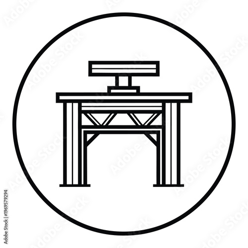 Simple line drawing of a desk with monitor on top in circle  office furniture icon