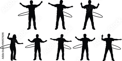Set of hula hoop exercise silhouettes with people performing fitness activity, body movement and coordination training, isolated black figures on white background, healthy lifestyle concept