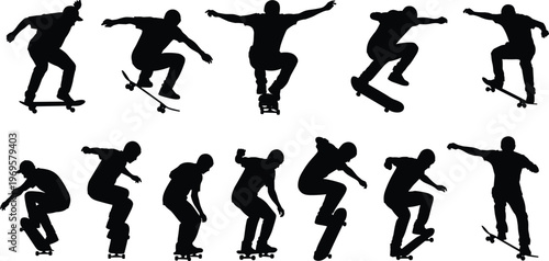 Set of skateboarder silhouettes performing tricks and jumps, extreme sport action poses, urban street culture, dynamic movement and freestyle skateboarding isolated on white background