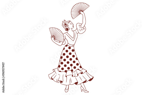 Woman in red polka dot dress dancing with two fans flamenco