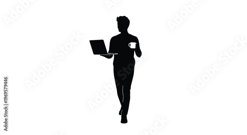 silhouette of businesswoman running with laptop and coffee