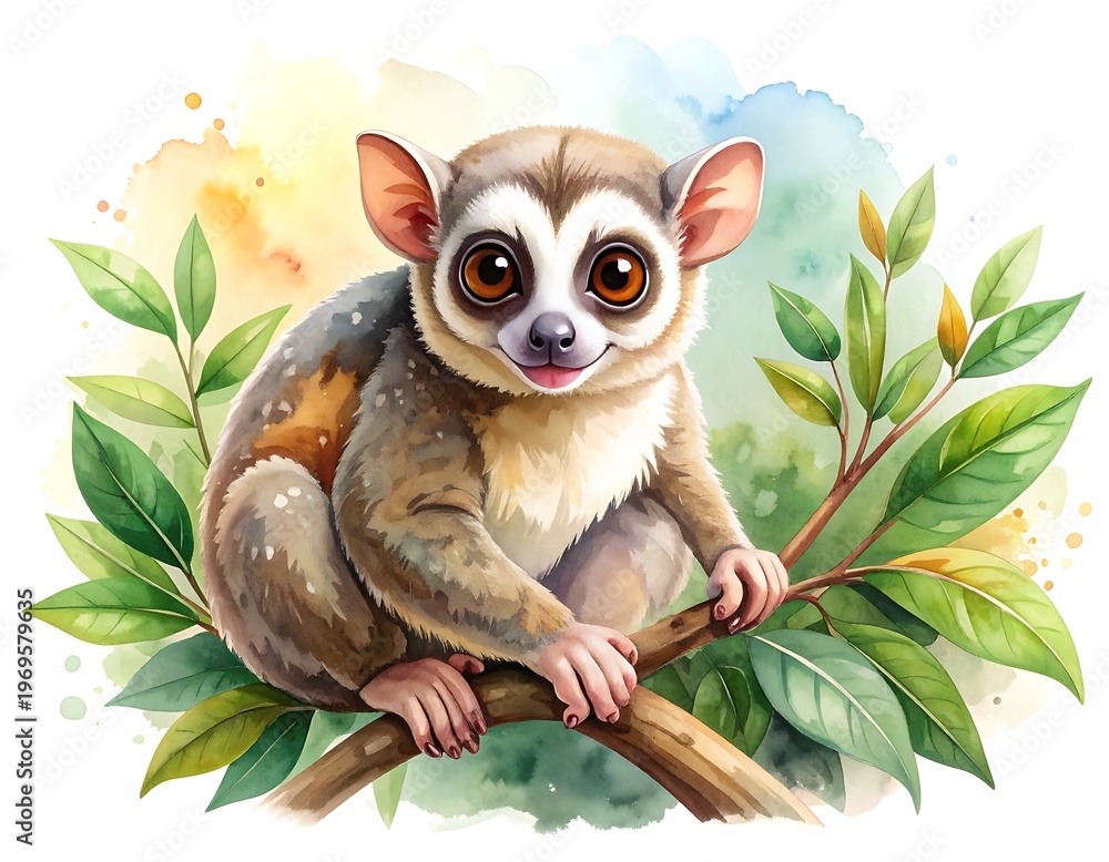 Fototapeta premium A charming primate with large eyes and a friendly smile, perched on a branch, surrounded by vibrant foliage and a watercolor background