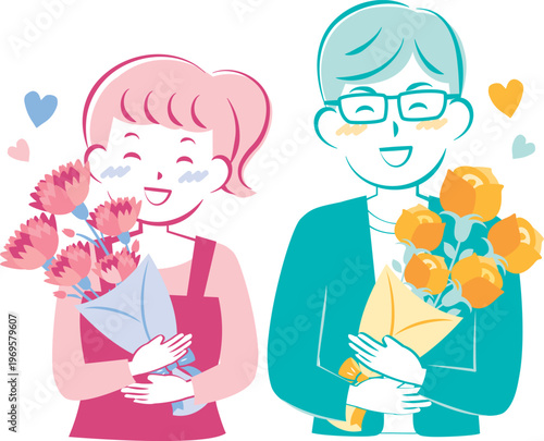 母の日・父の日に花束をもらう男性と女性