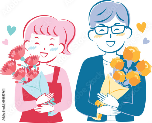 母の日・父の日に花束をもらう男性と女性