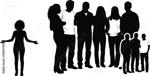 Diverse group of human silhouettes standing together with individual figure apart, concept of social inclusion, community, isolation, diversity and communication in minimal black and white style