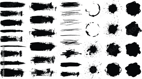 Collection of black ink brush strokes and splatters on white background for graphic design  various shapes and textures for artistic projects