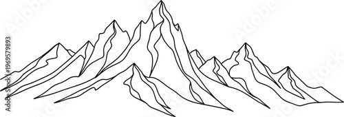 Simple black and white line art illustration of a majestic mountain range, perfect for minimalist designs and outdoor themes.