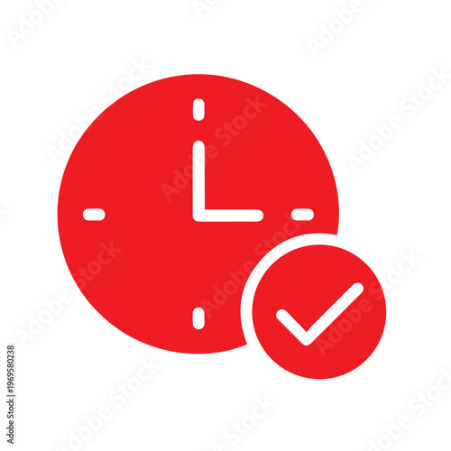 A red clock face with checkmark symbol inside a red circle represents timely completion and successful execution of tasks.