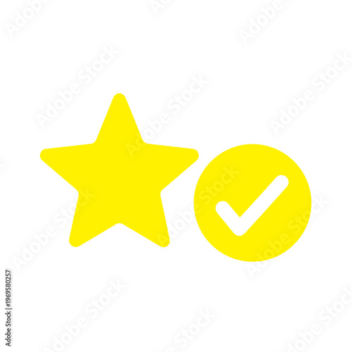 A large yellow star next to a yellow circle containing a white checkmark symbolizes a high rating and successful completion.
