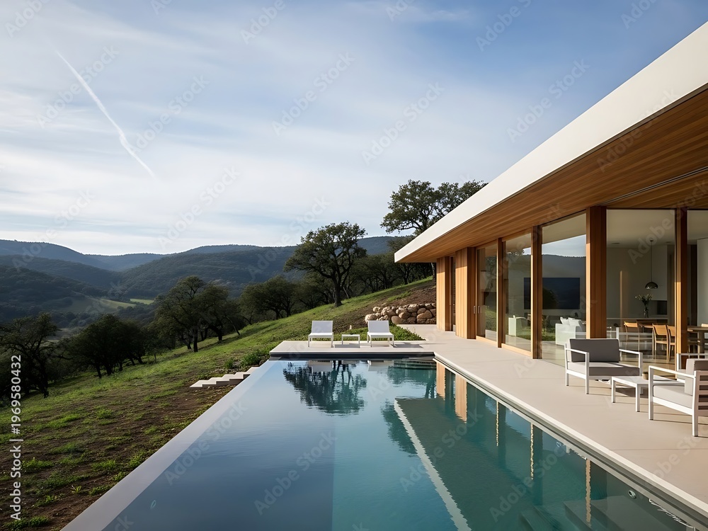 Fototapeta premium Contemporary Estate Retreat with Infinity Pool and Mountain Vista Overview