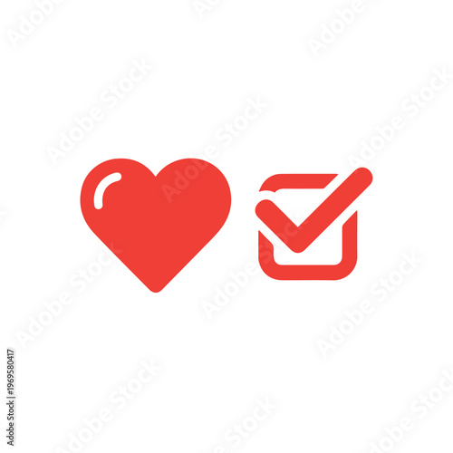 A vibrant red heart icon paired with a red checkmark within a square frame signifies positive affirmation and task completion.