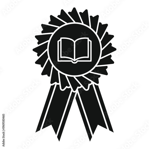 Black ribbon rosette award symbol with an open book icon on white icon