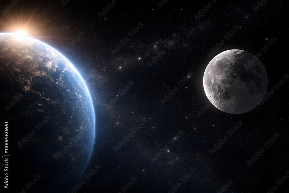 Fototapeta premium Earth and a distant moon illuminated by a bright stellar light source