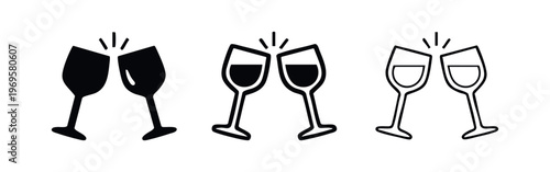 Toasting Wine Glasses Icon Set. Festive Drink Celebration Symbols in Different Styles.