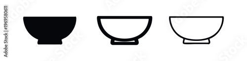 Simple bowl icons set in solid, bold outline, and thin outline styles for kitchen and dining