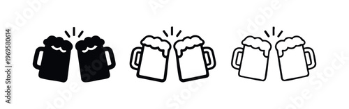 Clinking Beer Mugs Icon Set. Cheers and Celebration Symbols with Foaming Drinks.
