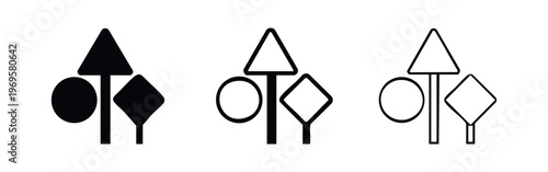Road Signs Icon Set. Various Traffic and Warning Symbols on Poles.
