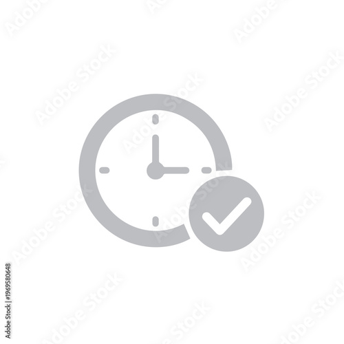 A simple grey clock icon paired with a checkmark represents timely accomplishment and workflow.