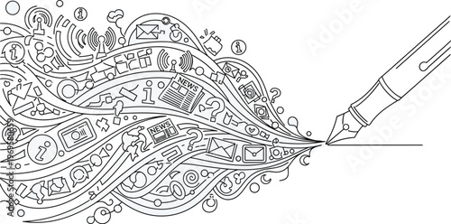 Elegant fountain pen illustrating the powerful flow of information, news, and digital communication across various modern platforms and networks.