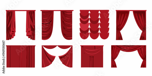 Collection of ornate red stage curtains in various styles and designs