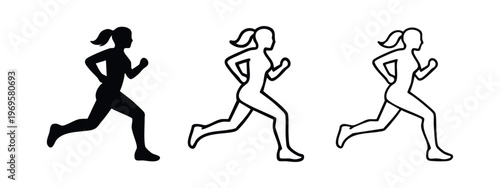 Female Runner Icon Set, Woman Running Silhouette, Sports, Fitness and Healthy Lifestyle Symbol