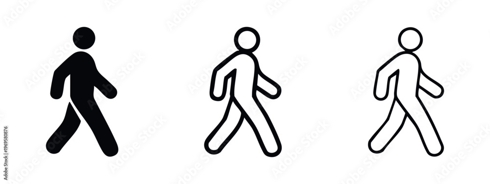 Fototapeta premium Walking person icons set. Man or pedestrian symbol, black flat and outlined vector illustrations of movement.