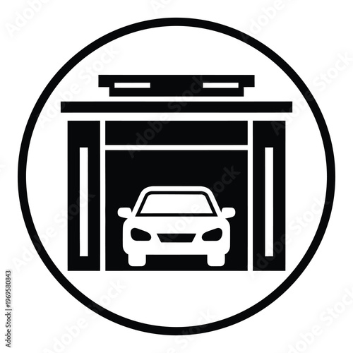 Car garage icon with a vehicle inside a building icon