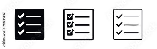 Checklist or to-do list icons set with check marks, black flat and outlined vector symbols for task management.