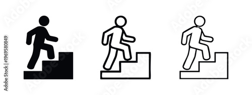 Man climbing stairs icons set. Person walking up steps, black flat and outlined vector symbols of progress.