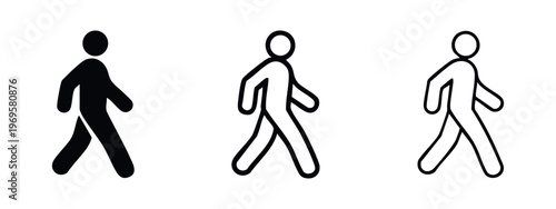 Walking person icons set. Man or pedestrian symbol, black flat and outlined vector illustrations of movement.