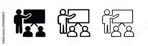 Person giving a presentation to an audience icons set. Teacher, speaker and attendees, black flat and outlined vector symbols.
